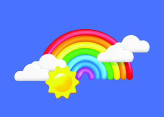 3d icons of the sun, clouds and rainbow. Summer background with cartoon objects