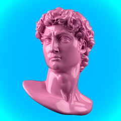 Digital illustration of pink shiny plastic silicone male classical bust from 3d rendering on blue background.