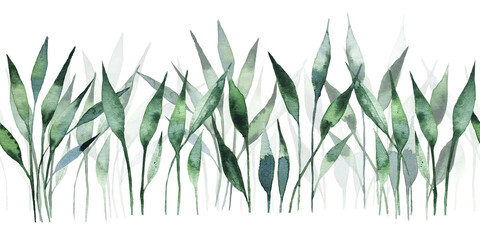 Seamless watercolor illustration of green leaves and branches, circles, on white or black background, suitable for wallpaper, cards, clothing, textiles, fabric, packaging, clothing, dress, invitations