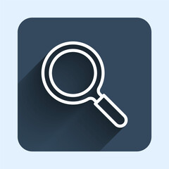 White line Magnifying glass icon isolated with long shadow background. Search, focus, zoom, business symbol. Blue square button. Vector