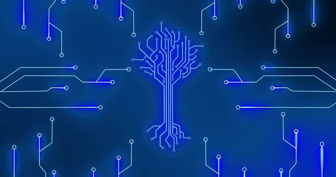 Animation of integrated circuit and digital tree on blue background