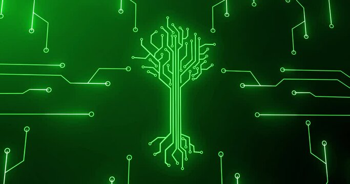 Animation of integrated circuit and digital tree on green background