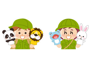 探検隊の子供と動物パペット　ボーイスカウト　冒険　アウトドア