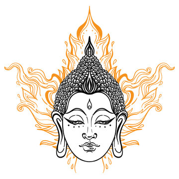 Buddha face over ornate traditional Thai pattern. Esoteric vintage vector illustration. Indian, Buddhism, spiritual art. Hippie tattoo, spirituality, Thailand god, yoga zen Coloring book for adults.
