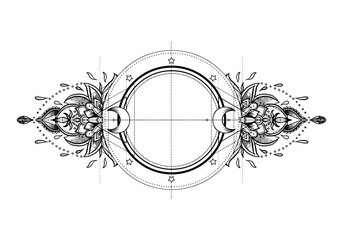 Obraz premium Ornate moon frame. Sacred Geometry. Ayurveda symbol of harmony and balance. Tattoo flesh design, yoga logo. Boho print, poster, t-shirt textile. Anti stress book. Isolated vector illustration.