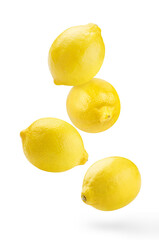 Flying delicious lemon fruits, isolated on white background