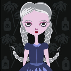 Cute gothic girl with big eyes on a gloomy background, vector