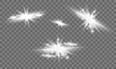 Set stars. White glowing light burst explosion with transparent. Cool effect decoration with ray sparkles. Transparent shine gradient glitter