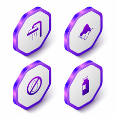 Set Isometric Shower, Iceberg, Water drop forbidden and Bottle of water icon. Purple hexagon button. Vector