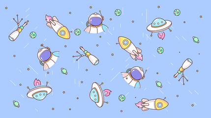 vector children's background about space. Astronaut, ufo, telescope, rocket, stars and planets

