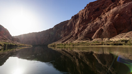 Colorado River in Glen Canyon, Arizona, United States of America. American Mountain Nature Landscape Background. Sunny Sunrise.