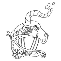 Zodiac sign taurus in the form of a steampunk-style airship. Illustration of an Astrological element in steampunk style, drawn in a linear doodle style. Drawing for a calendar or coloring book.