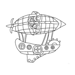 Zodiac sign sagittarius in the form of a steampunk-style airship. Illustration of an Astrological element in steampunk style, drawn in a linear doodle style. Drawing for a calendar or coloring book.