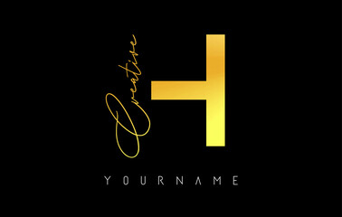 Creative golden H logo with cuts and handwritten text concept design. Letter with geometric design.