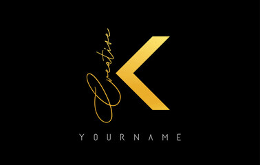 Creative golden K logo with cuts and handwritten text concept design. Letter with geometric design.