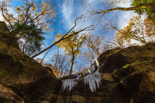 Hemlock Cliffs in Autumn after a light snow, Indiana
