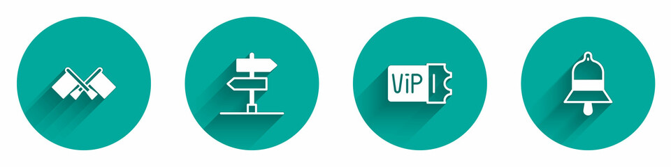 Set Flag, Road traffic sign, Train ticket and station bell icon with long shadow. Vector