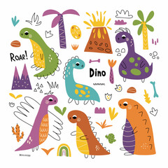 Dinosaur set in bright colors. Colorful cute vector illustration perfect for nursery decoration, party decor, posters and textiles.