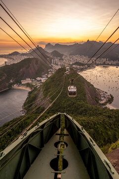 Beautiful sunset view to city from Sugar Loaf Mountain cable car