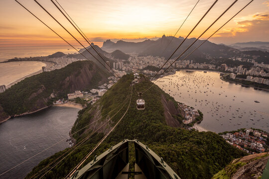Beautiful sunset view to the city from Sugar Loaf Mountain cable car