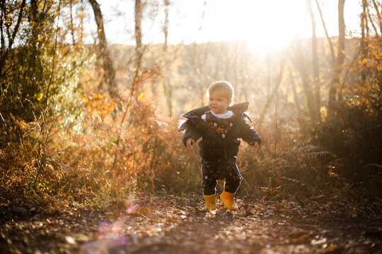 A young girl walking through a forest at sunset