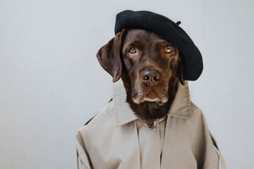 Portrait of a brown labrador in a beret and trench coat.