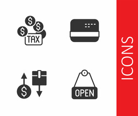 Set Hanging sign with text Open, Tax payment, cardboard box and Credit icon. Vector