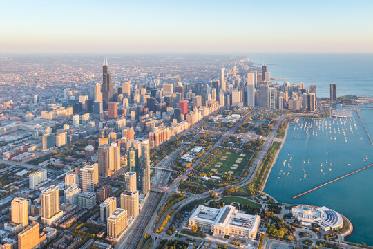 Chicago, Illinois - Skyline at Sunrise Aerial