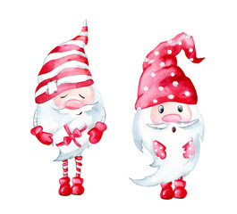 Elegant gnomes with a gift congratulates you on the holiday. Valentine's Day, New Year, Christmas. Watercolor illustration