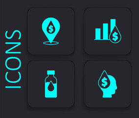 Set Oil drop with dollar symbol, Pie chart and and petrol test tube icon. Black square button. Vector