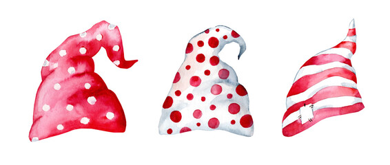 Watercolor illustration of hats and caps isolated on a white background. Christmas gnomes.