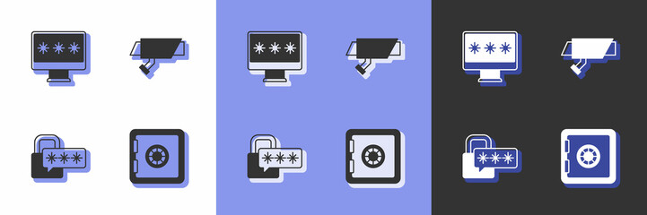 Set Safe, Monitor with password, Cyber security and Security camera icon. Vector