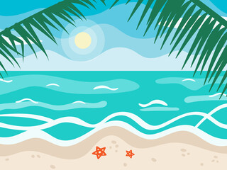 Seascape in cartoon flat style. Summer sunny day, beach and ocean illustration. Background for banner, logo, lettering, card, poster. Blue sky, sea and sand. Landscape panorama, seashore. 
