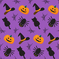Halloween style seamless pattern in funny cartoon style. Print for autumn seasonal design and decor. Celebration and party spirit. Cute and nice characters. Background for gift wrap, sweets, candies. 