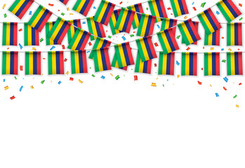 Mauritius flags garland white background with confetti, Hang bunting for independence Day celebration template banner, Vector illustration