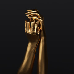 Two golden hands abstract creative sculpture 3d rendering, arms pose art concept