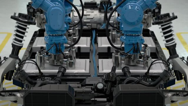 Modern electric car factory concept: Robots assembling the battery module of an electric car; fully automated production line with autonomous robots. Realistic high quality 3d animation. Close-up