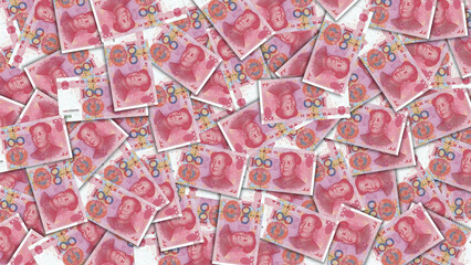 Financial illustration. Rectangular wallpaper or background. Obverse of Chinese 100 yuan banknotes scattered randomly in a mess