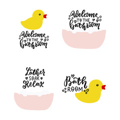 Funny bathroom quotes stickers set. Hand lettering, Brush calligraphy vector design with yellow dug, soap.