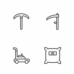 Set line Pack full of seeds, Lawn mower, Pickaxe and Scythe icon. Vector