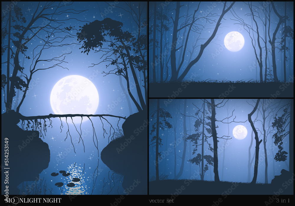 Sticker fallen tree over river. pine forest on starry night. moon landscapes