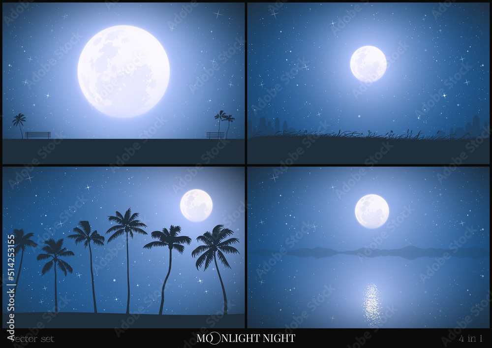 Sticker night cityscape. city buildings under full moon. palm trees on beach