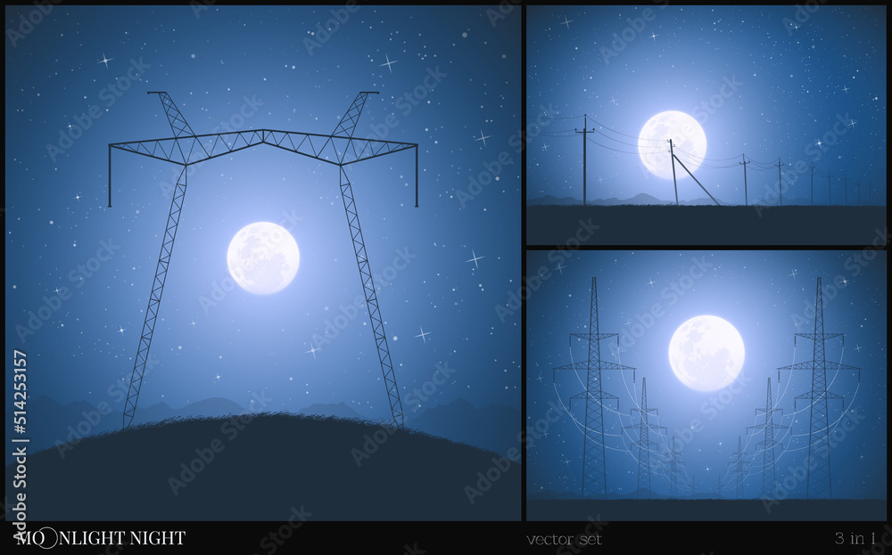 Sticker transmission towers. industrial landscape set. moonlight starry night