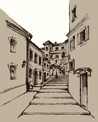 Street of the old city. Vector drawing
