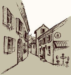 Cafe on the old city street. Vector drawing