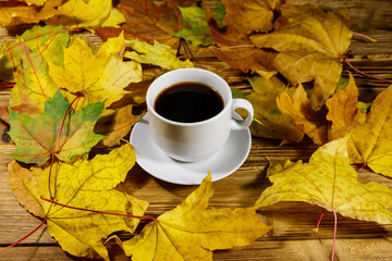 Cup of coffee and autumn maple leaves on wooden table. Autumn concept