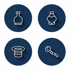 Set line Bottle with potion, love, Magic hat and staff with long shadow. Blue circle button. Vector