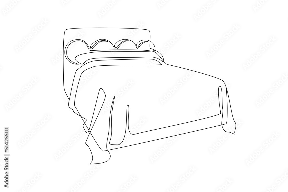 Poster continuous one line drawing of double bed thin icon. modern comfortable luxury furniture for bedroom