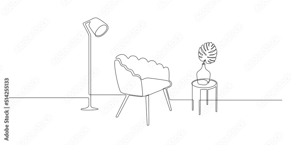 Poster One continuous line drawing of armchair and loft floor lamp and vase with monstera. Modern scandinavian and soft furniture chair in simple linear style. Editable stroke. Doodle vector illustration