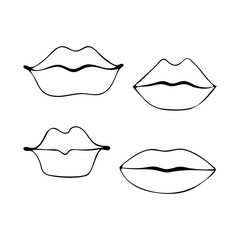 Lip coloring. Female prints of painted lips. Hand drawn vector line art black and white illustration.